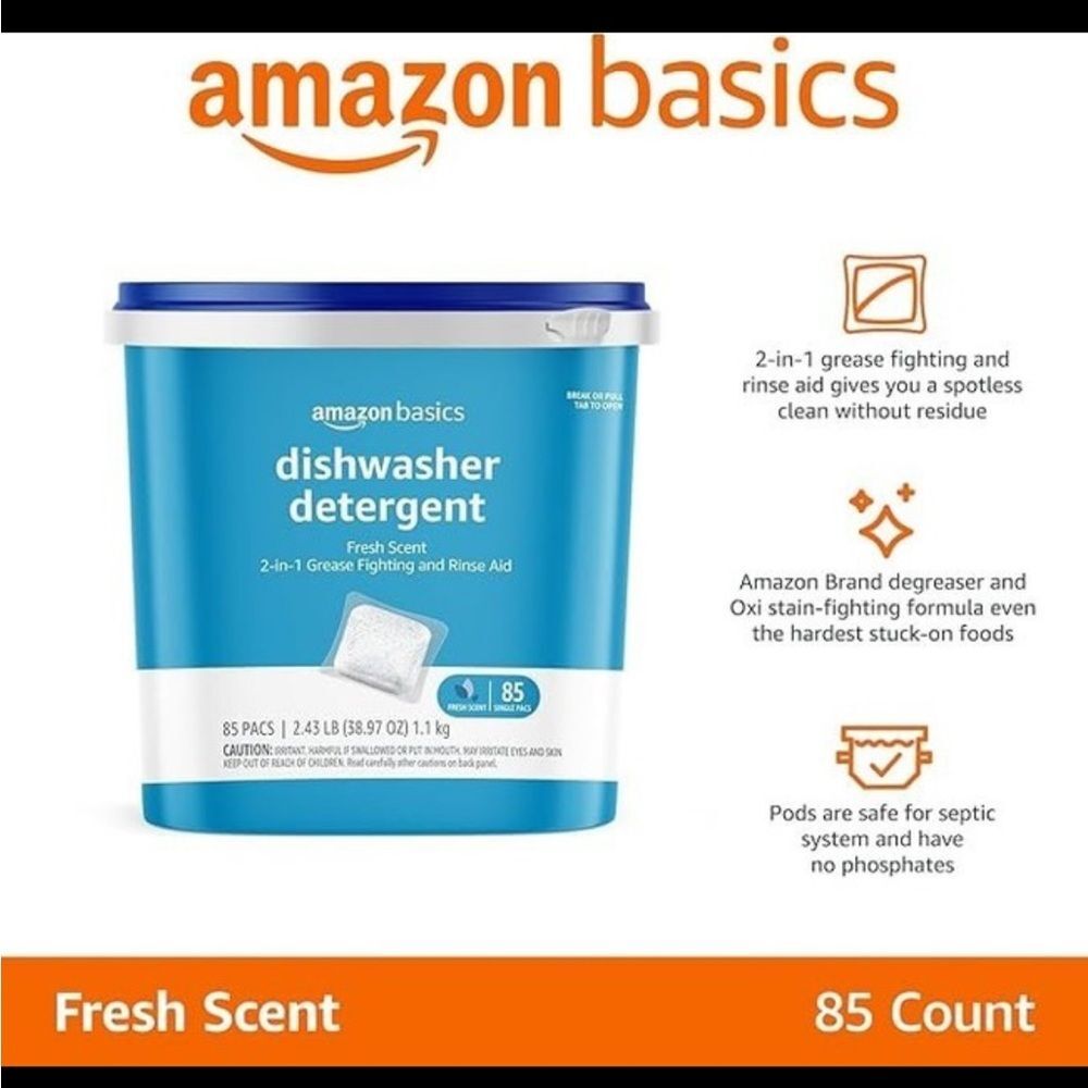 Dishwasher pods Detergent Amazon Basics 85 packs loads